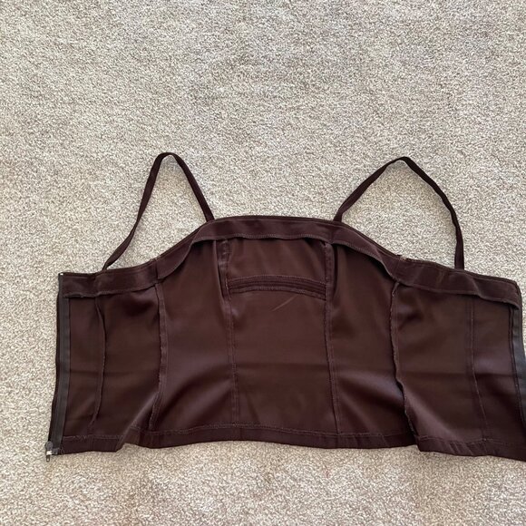 SOLDSuede Square Neck Fitted Brown Top With Zip Closure Small - Picture 5 of 7